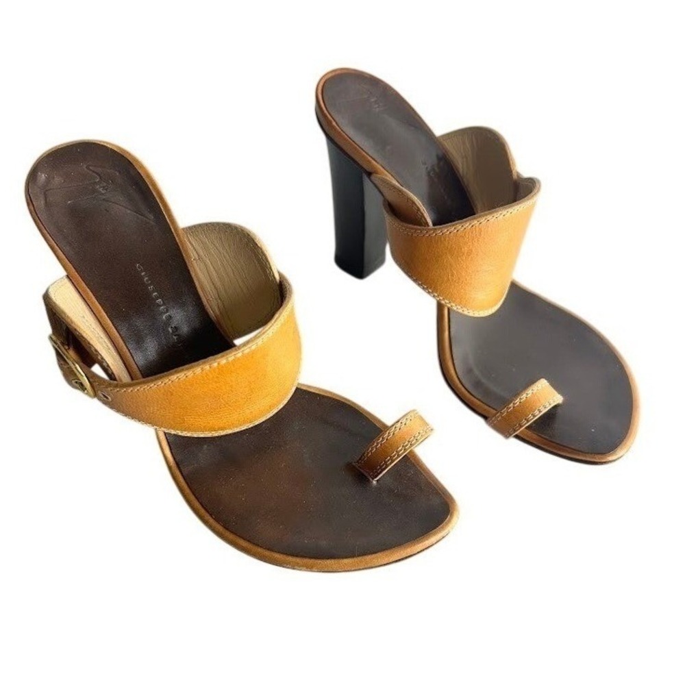 Giuseppe Zanotti Design Women Tan Leather Buckle Heel Mules Sandals Sz 4.5-5